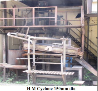 Heavy Medium Cyclone: the equipment is locally fabricated with 100 mm dia and is used for beneficiation of coal size 13-0.5 mm, using heavy media.